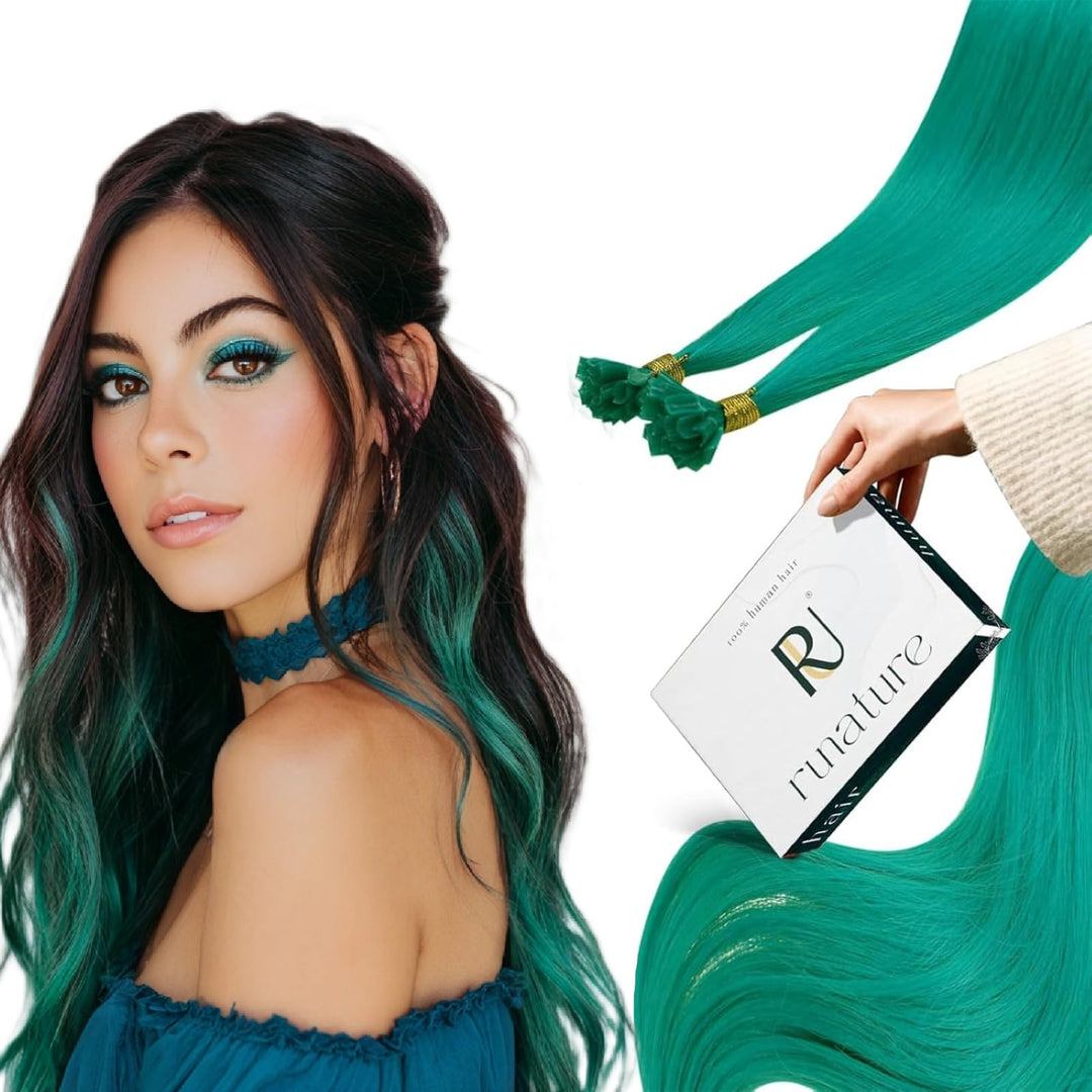 RUNATURE Bunt Bonding Echthaar Extensions Blaugrün 45cm Remy Keratin Haarverlangerung Echthaar Teal