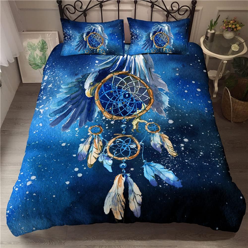 Michorinee Bettwäsche Traumfänger 135x200 Blau Federn Muster Bohemian Style Dreamcatcher Bettwäsche