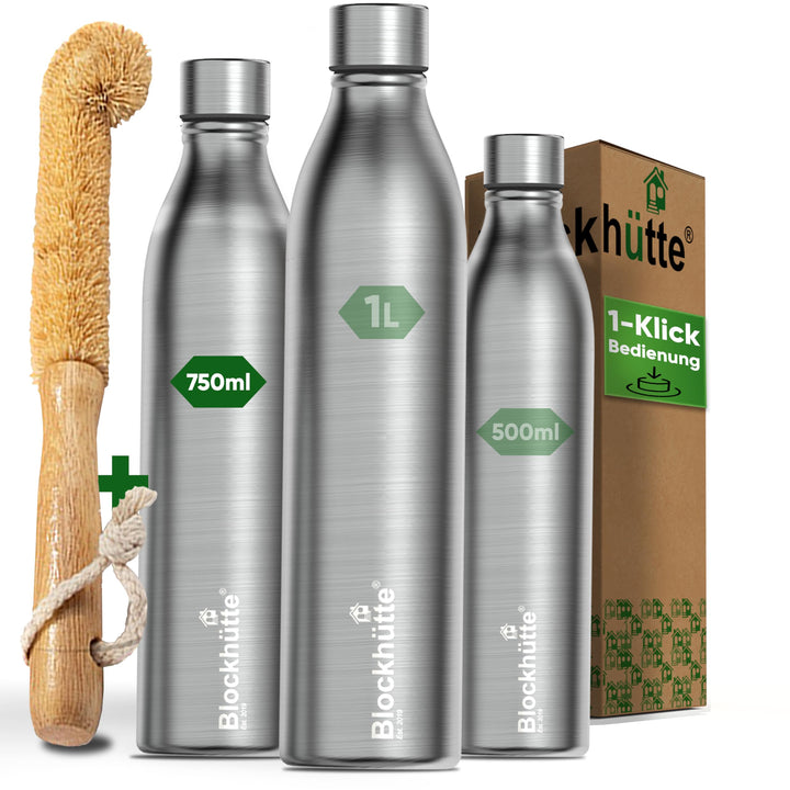Blockhütte Trinkflasche Edelstahl 750ml I Isolierte Thermosflasche, Wasserflasche Kohlensäure geeign