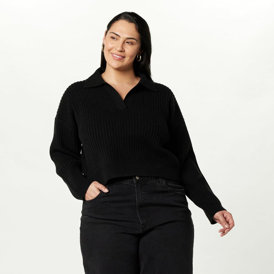 The Drop Damen Marcy Geripptes Polotop Pullover Sweater (1er Pack) M Schwarz, M Schwarz