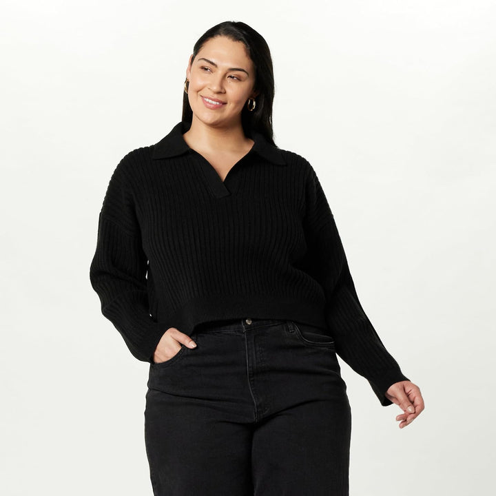 The Drop Damen Marcy Geripptes Polotop Pullover Sweater (1er Pack) M Schwarz, M Schwarz