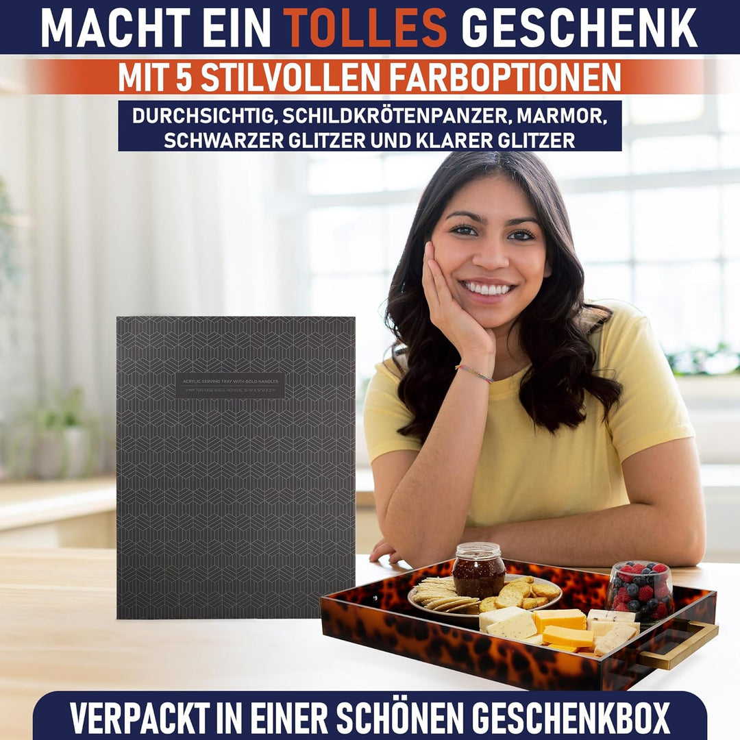 Acryl Serviertablett, goldene Griffe, 40,6 x 30,5 x 5,1 cm dekoratives Tablett für Tisch, Lebensmitt