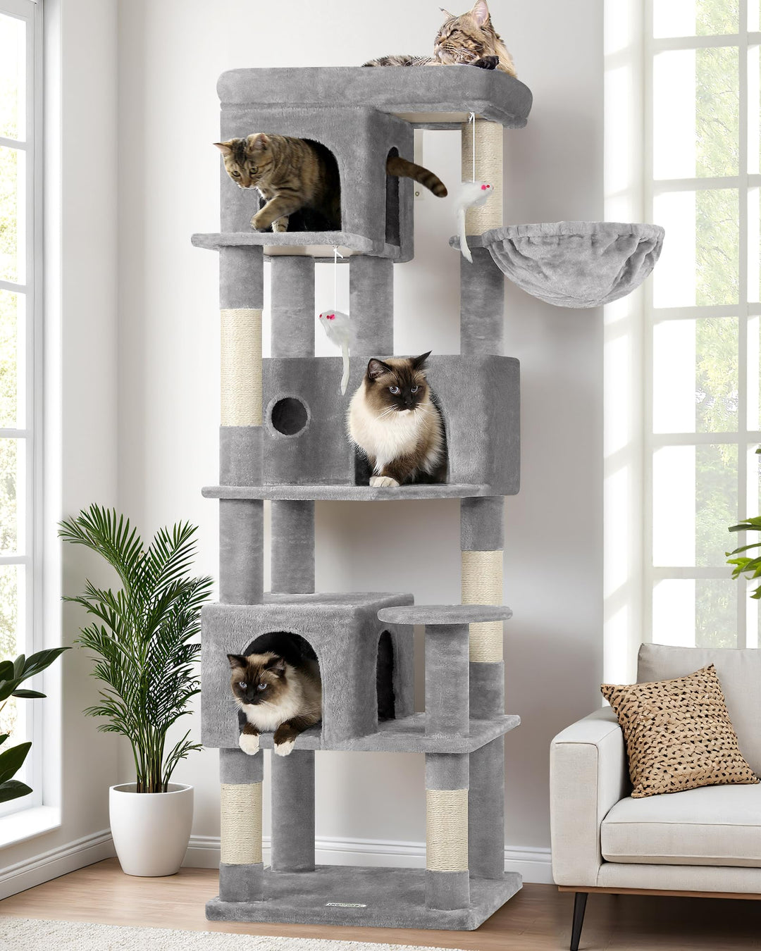 Globlazer Kratzbaum Stabil Passform Ecke hoch 168 cm mit 3 Katzenhäus, Grosse Gepolsterte Plattform,