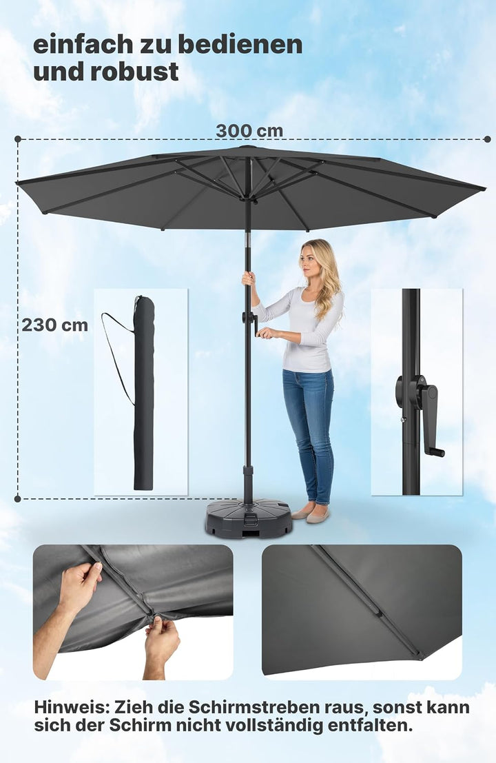 4smile Sonnenschirm 300 cm, mit Kurbel – grosser Sonnenschirm Balkon für die Terrasse, mit UV 50+ Sc