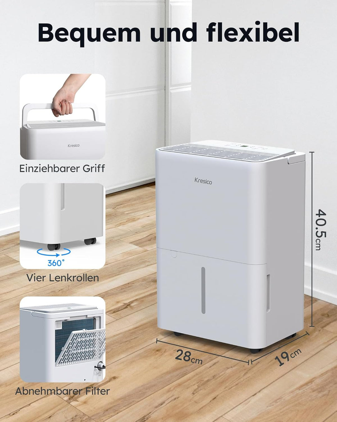 Kresico xWolei Luftentfeuchter elektrisch 12L/24h, Entfeuchter elektrisch 35dB, Raumentfeuchter für