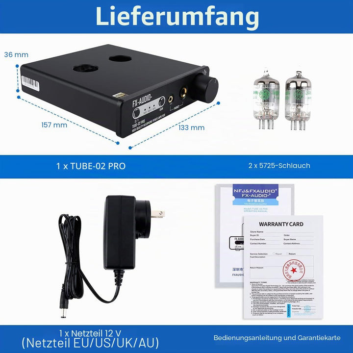 FX-Audio Tube-02 Pro Tube Kopfhörerverstärker, Vakuum 5725 Röhrenvorverstärker, Mini Hi-Fi integrier
