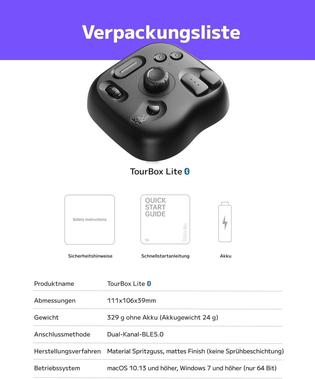 TourBox Lite, Controller Tastatur für Zeichentablett Foto Video Editing (Bluetooth Solo, Middle) Mid