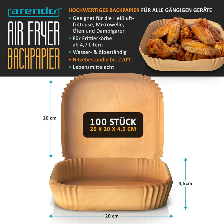 Arendo - Backpapier für Heissluftfritteuse 4,5 bis 7,5 L - 100 Stück – 20 x 20 x 4,5 cm - Antihaft B