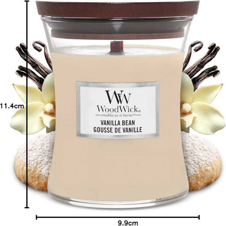 WoodWick mittelgrosse Duftkerze im Sanduhrglas mit knisterndem Docht, Vanilla Bean, Brenndauer bis z
