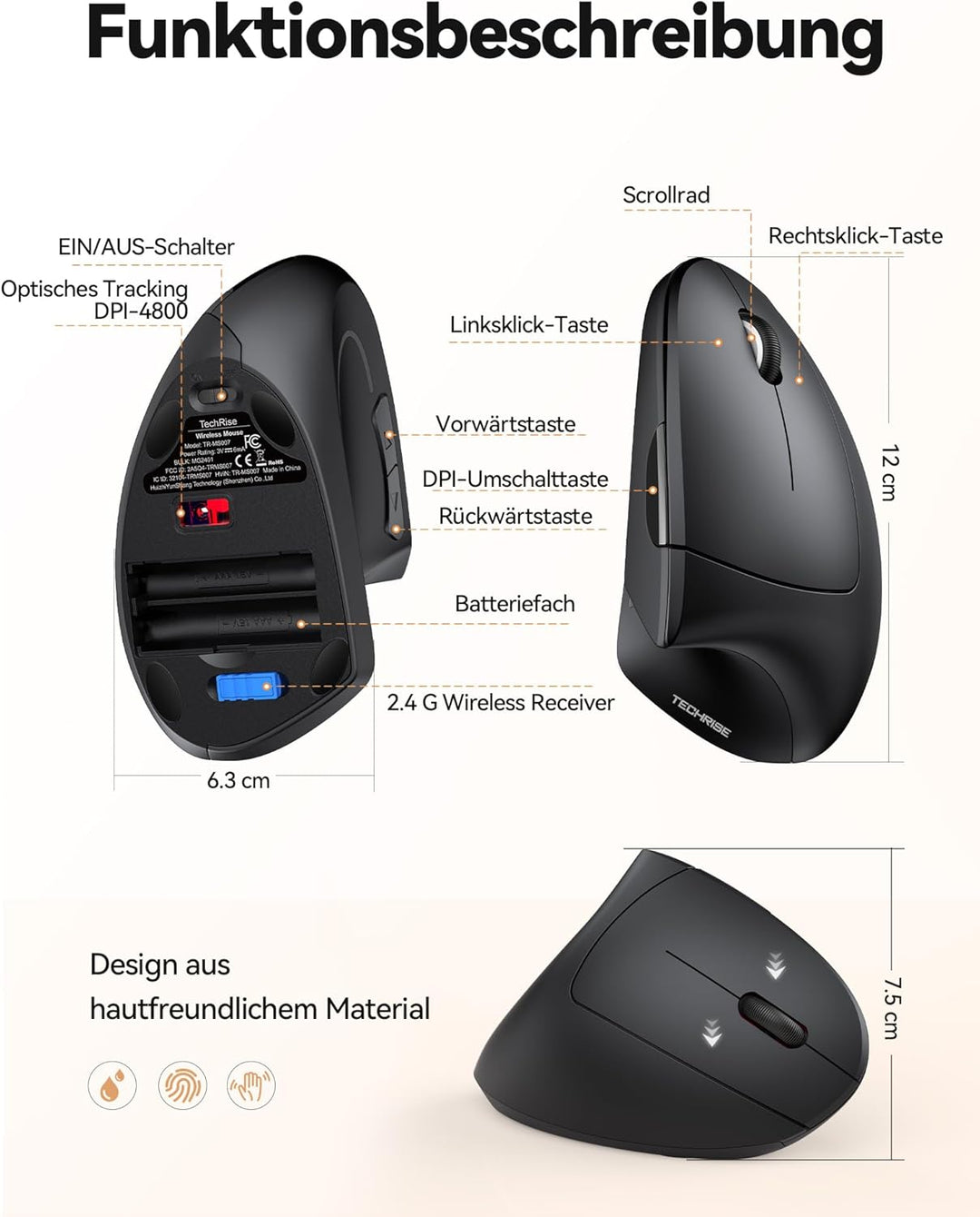 TechRise Ergonomische Maus, 2.4G USB Kabellose Vertikale Maus, Optisch Leise Maus mit 4800/3200/2400