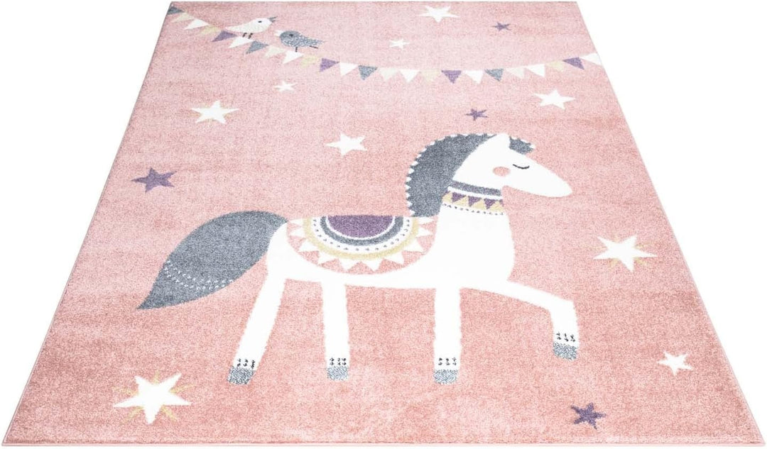 carpet city Teppich Kinderzimmer Tier-Motiv - Rosa - 160x230 cm -Kinderteppich Kurzflor mit Pferd, W