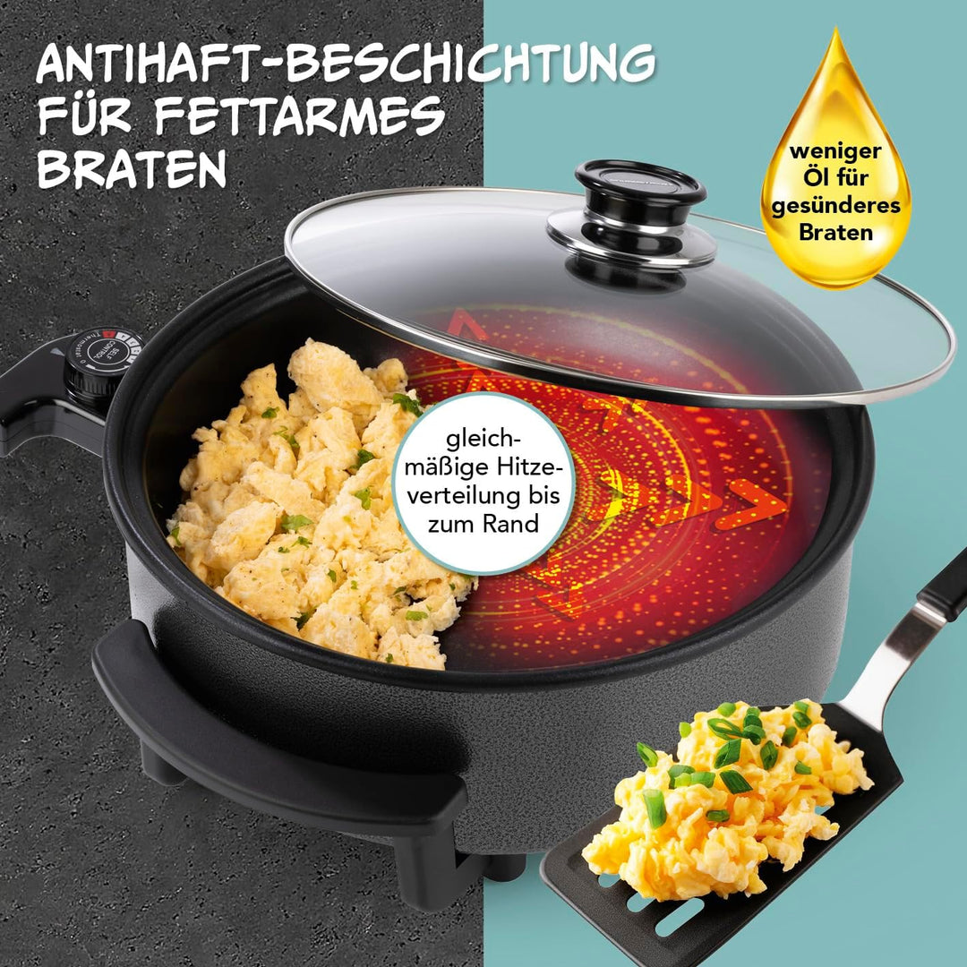 GOURMETmaxx elektrische Pizza-Pfanne mit Thermostat, Glasdeckel & Antihaftbeschichtung | Multifunkti