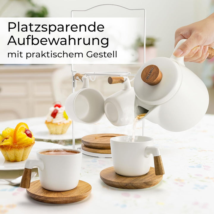 MIAMIO - 1 Liter Keramik-Teekanne-Set mit Siebeinsatz und Tassen/Teesieb, 4 Keramik-Teetassen (300 m