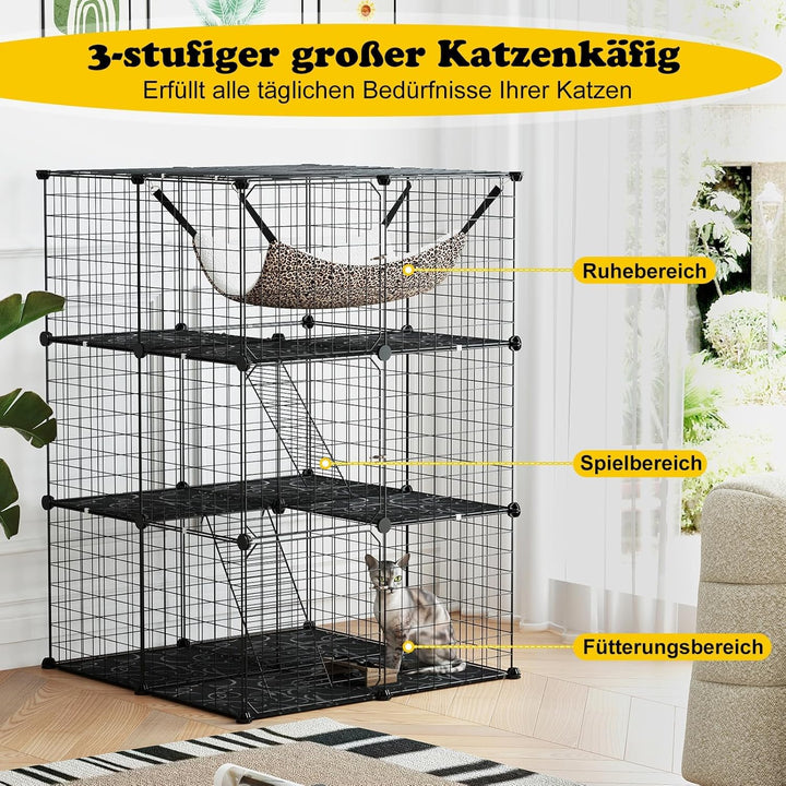 FANTASK Metalldrahtkäfig 3-stöckig, grosse Katzenkäfig mit Dachfenster, Hängematte, 2 Leitern &amp; 3 Tü