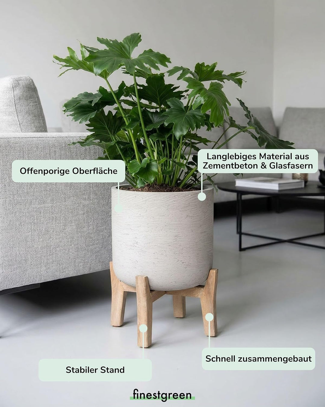 Finestgreen Charlie Feet Low | Handgefertigtes Pflanzgefäss auf Holzfüssen (L Ø:29,5 H:34,5 cm, Grau