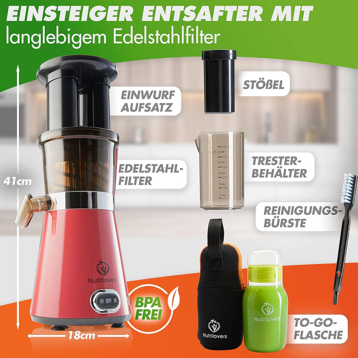 NUTRI-PRESS Slow Juicer Obst & Gemüse Entsafter Saftpresse elektrisch, 2 Einfüllöffnungen, Sehr Leis