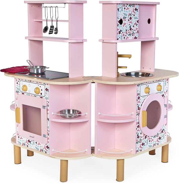 Janod - Twist Kinderküche aus Holz - Doppelseitige Küche - Mit 8 Utensilien - Ofen, Drehknöpfe, Koch