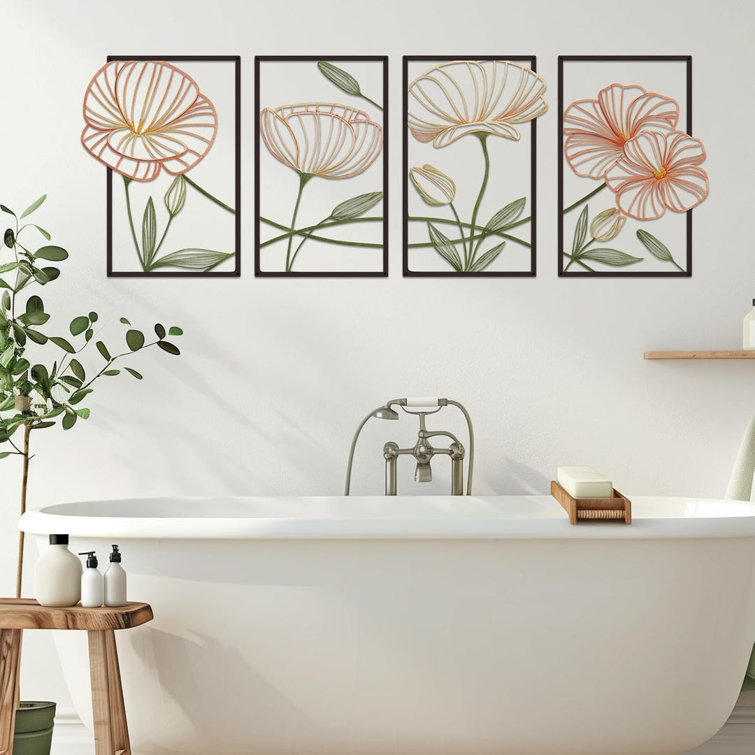 ESTART Dekor 4 Stück Metall Lotusblume Wanddekoration, Abstrakte Blumen Ästhetische Spleisslinie Kun