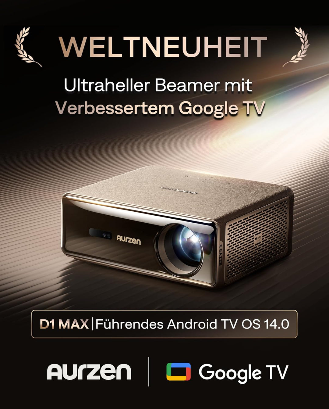 Aurzen EAZZE D1 MAX Beamer mit Google TV 14.0 & Netflix, 4K Unterstützt, Smart Projektor mit 1000 AN