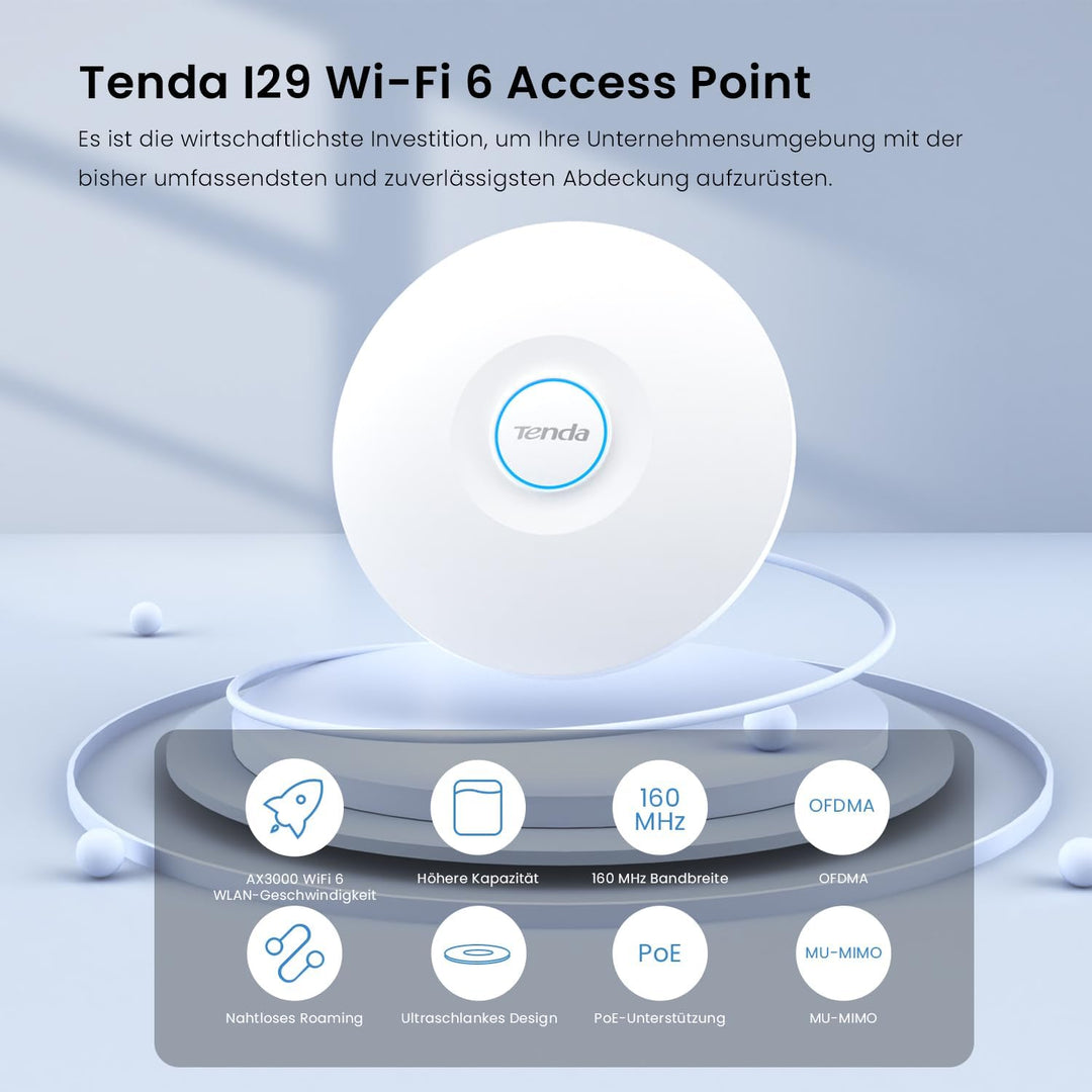 Tenda i29 AX3000 Access Point PoE WiFi 6 (802.11ax Dualband, MU-MIMO &amp; OFDMA, 2 Gigabit Ports, WPA3,