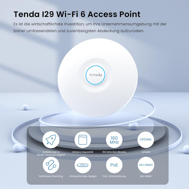 Tenda i29 AX3000 Access Point PoE WiFi 6 (802.11ax Dualband, MU-MIMO &amp; OFDMA, 2 Gigabit Ports, WPA3,