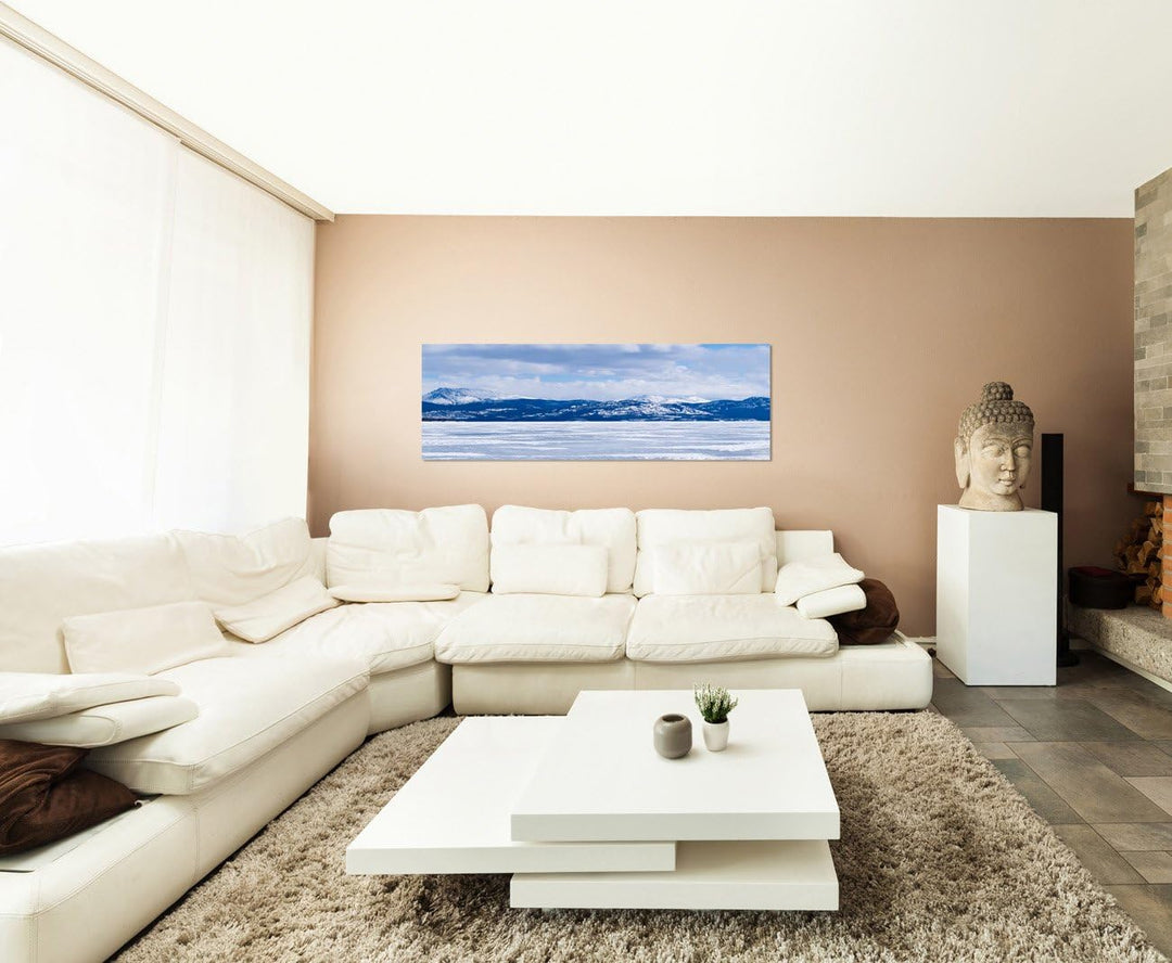 Paul Sinus Art Panoramabild auf Leinwand und Keilrahmen 150x50cm Kanada Berge See Eisschicht Schnee