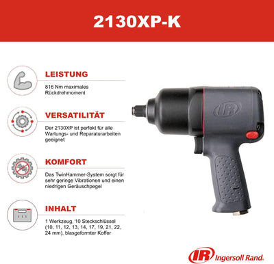 Ingersoll Rand Schlagschrauber 2130XP-K, mit 816 Nm Drehmoment, Steckschlüsselset mit 10 Nüssen, Vie