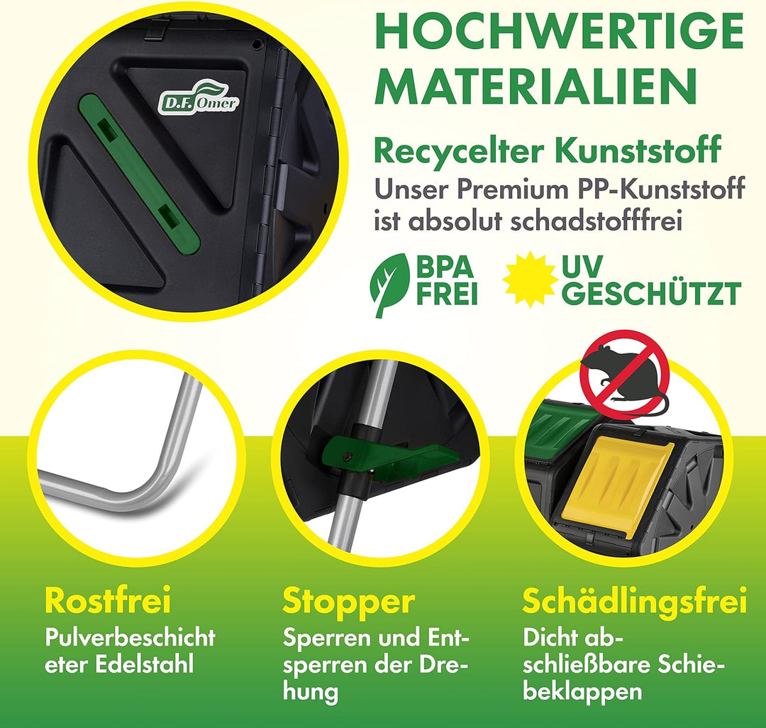 DF OMER Zweikammer-Trommelkomposter – Kleiner Komposter mit Easy-Turn-System, 2 Schiebetüren, Stabil