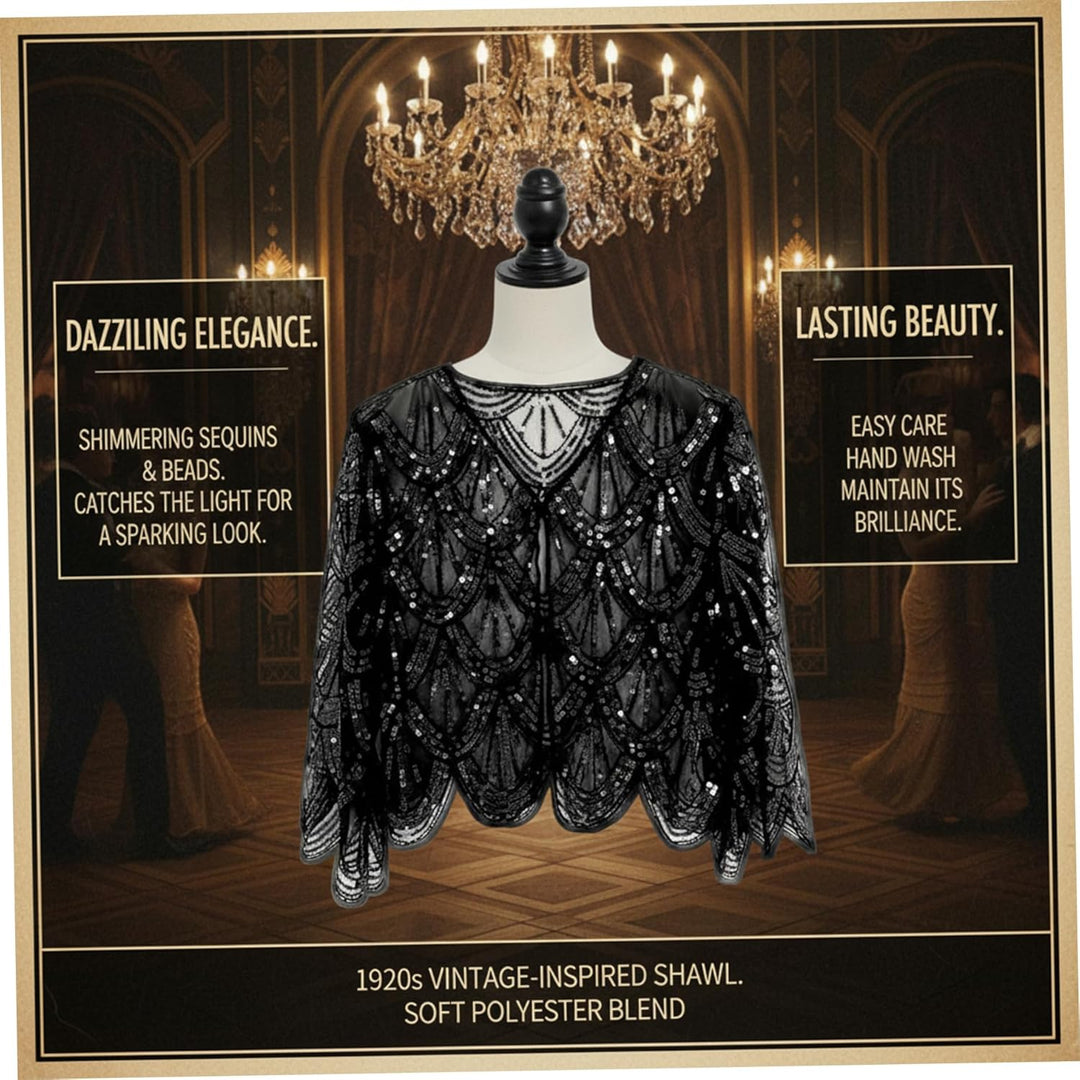 1920er-Jahre-Flapper-Schal mit glitzernden Fransen, weiches Polyester-Braut-Capelet für Hochzeit, Pa