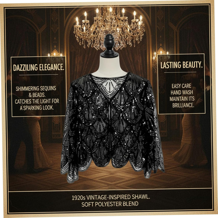 1920er-Jahre-Flapper-Schal mit glitzernden Fransen, weiches Polyester-Braut-Capelet für Hochzeit, Pa