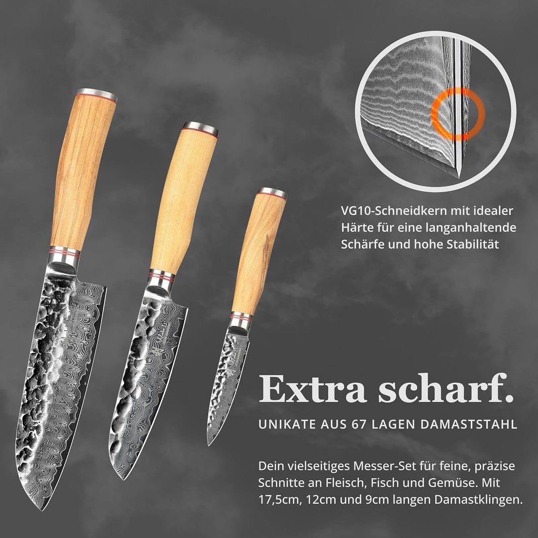 Wakoli Olive HS 3er Damastmesser-Set I 9 bis 17,5 cm Klingen gefertigt aus 67 Lagen echtem Damaststa