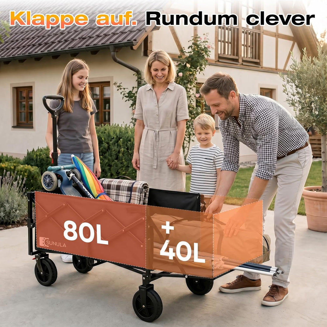 SUNULA Bollerwagen Faltbar Klein mit Heckklappe klappbar 80L+35L，Handwagen mit erweiterbare Ladefläc