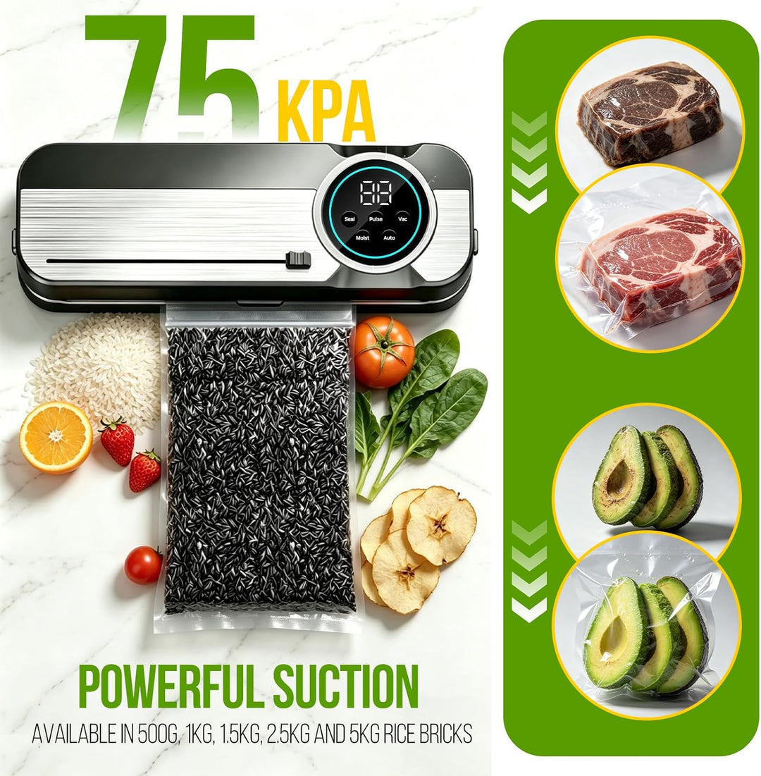 RoserRose 6 in 1 Vakuumiergerät, 120W Vacuum Sealer Machine mit Trocken-/Moist-Modus, 75 kPa Foliens