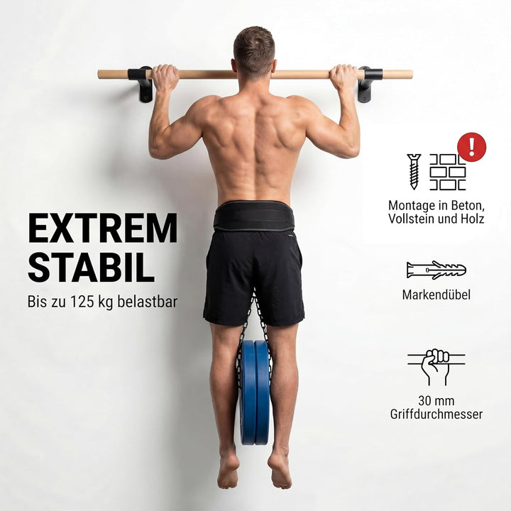 Klimmzugstange Wand - Platzsparende Pull Up Bar aus Holz zur festen Wandmontage - stilvolles Design