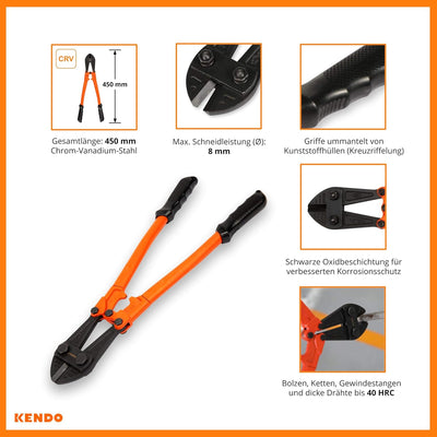 KENDO Bolzenschneider – Länge: 450 mm – Schneidleistung (Ø): Max. 8 mm – 40 HRC – Extra gehärtete Sc
