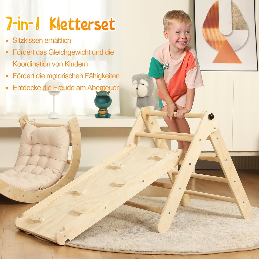 7-in-1 Montessori Kletterdreieck Set mit Rutsche, Kletterbogen & weichem Kissen – Holz Klettergerüst