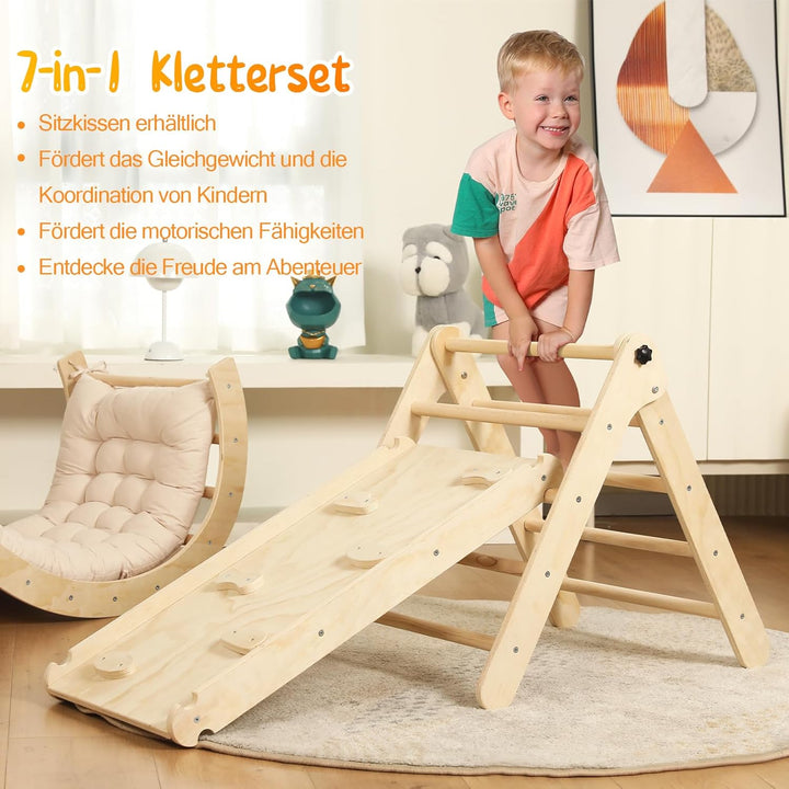 7-in-1 Montessori Kletterdreieck Set mit Rutsche, Kletterbogen & weichem Kissen – Holz Klettergerüst