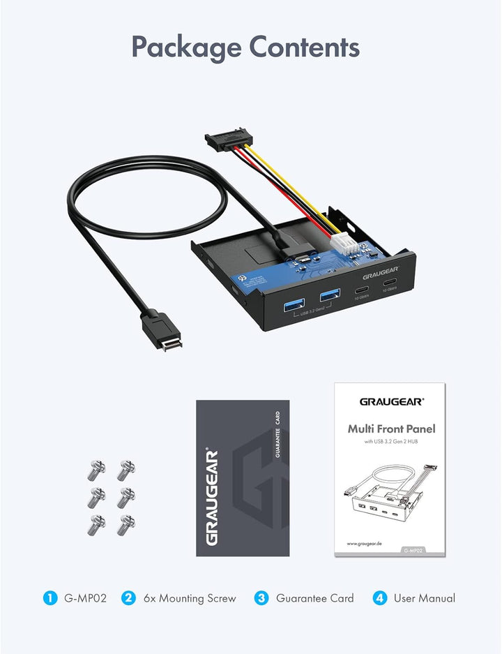 GRAUGEAR | 4 Anschlüsse 10Gbit/s Front-Panel | 2X USB-C+2X USB-A USB3.2 Gen2 HUB | Frontblende für 3