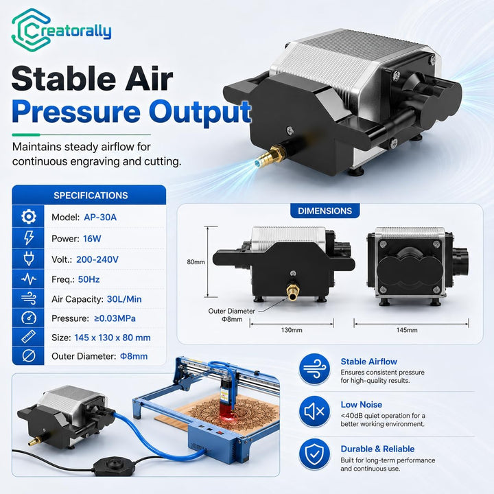 Creatorally Air Assist Laser, 30L/Min Luftpumpe für Lasergravierer mit Speed Control, Laserpumpe f