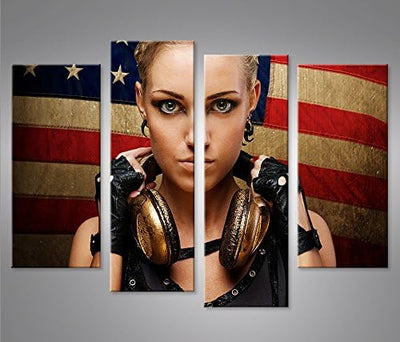 islandburner Bild Bilder auf Leinwand Girl USA Flagge Kopfhörer 4er XXL Poster Leinwandbild Wandbild