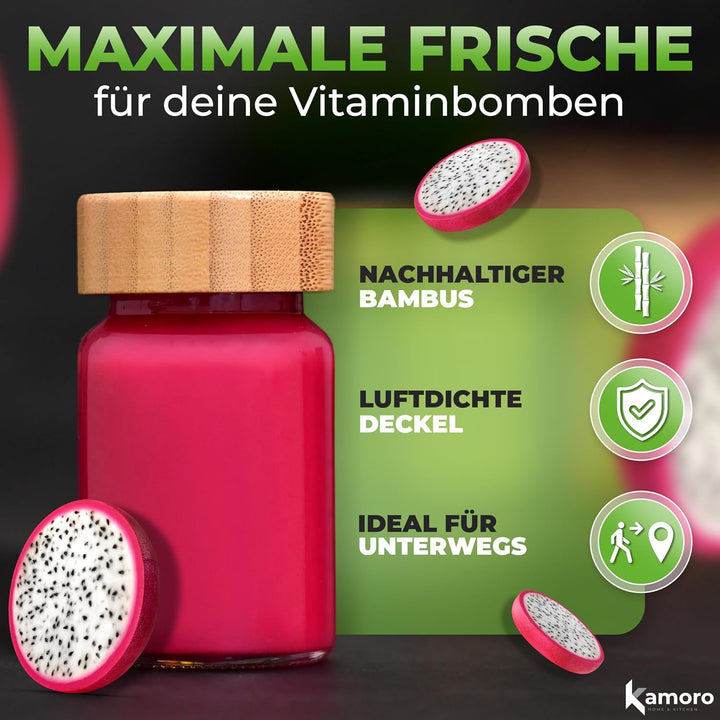 Ingwer Shotgläser 12er Set - Mini Gläser mit Bambusdeckel & Edelstahl Trichter [60ml] - Shot Flasche