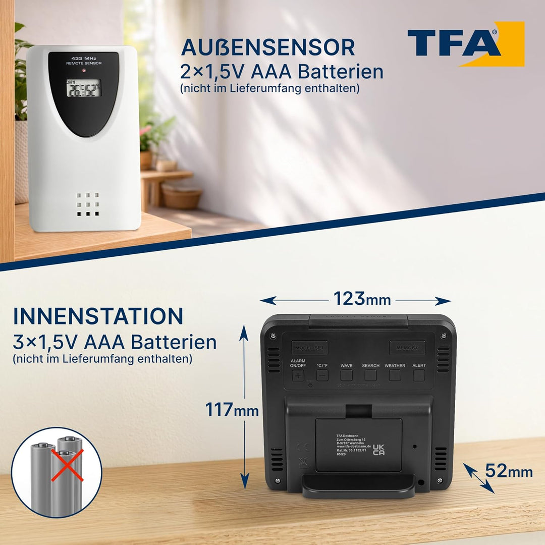 TFA Dostmann SKY Funk-Wetterstation, 35.1152.01,Wetterstation Funk mit Aussensensor, Wettervorhersag