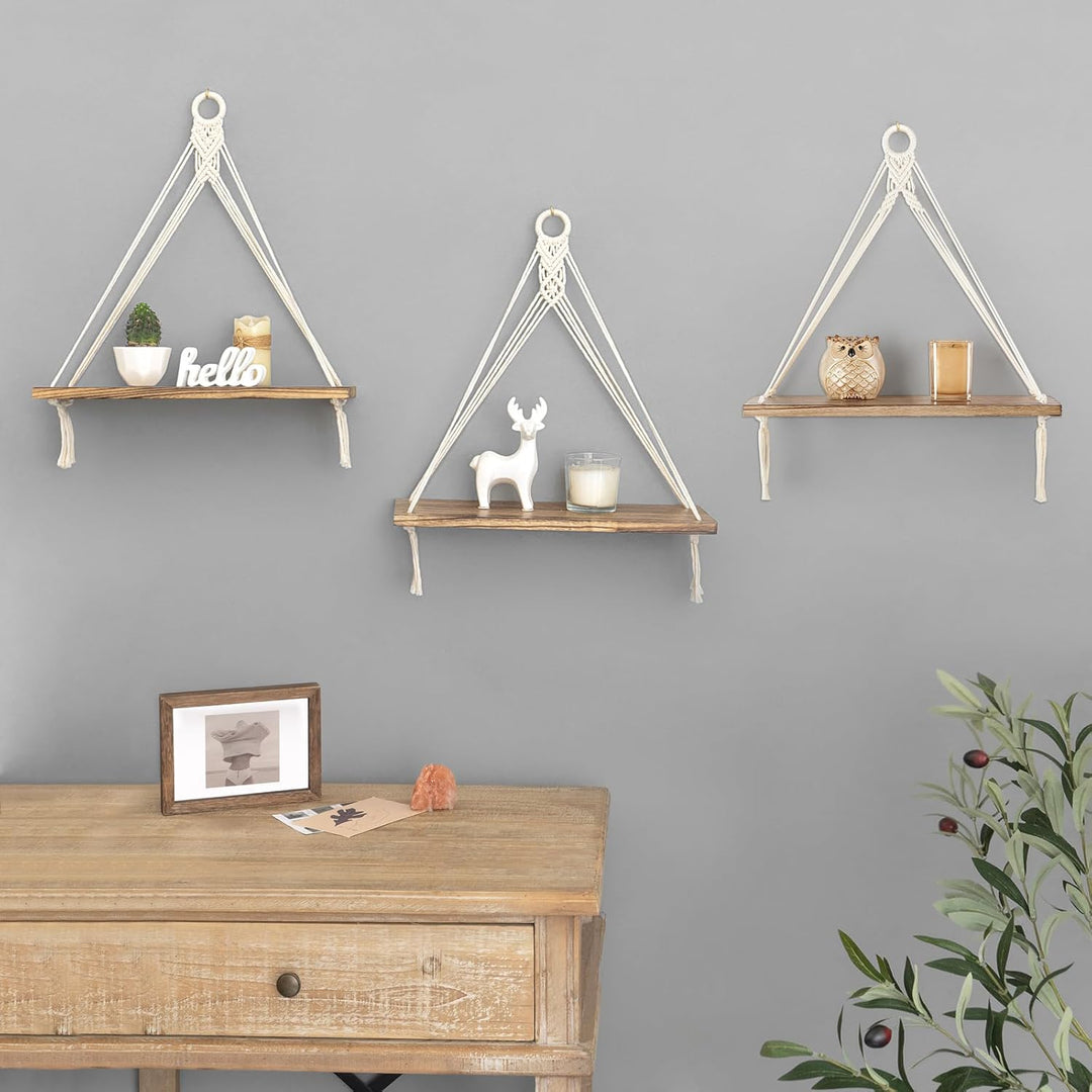Mkono Makramee Hängeregale Boho Wanddekoration 3er Set Rustikales Holz Schweberegal für Schlafzimmer