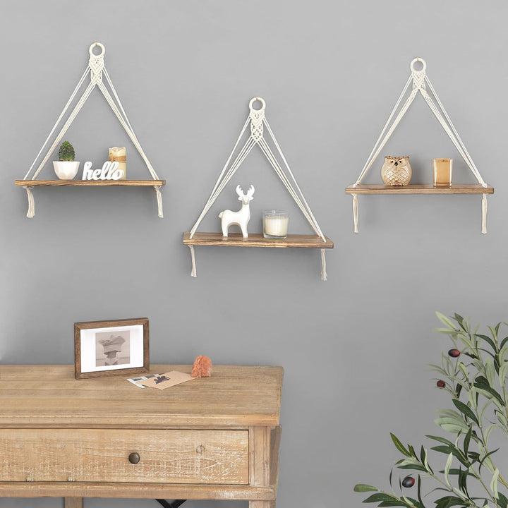 Mkono Makramee Hängeregale Boho Wanddekoration 3er Set Rustikales Holz Schweberegal für Schlafzimmer