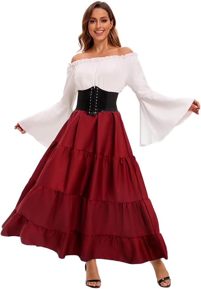 Feynman Damen Retro Mittelalter Kleid mit Trompetenärmel, Mittelalterliche Viktorianischen Königin K