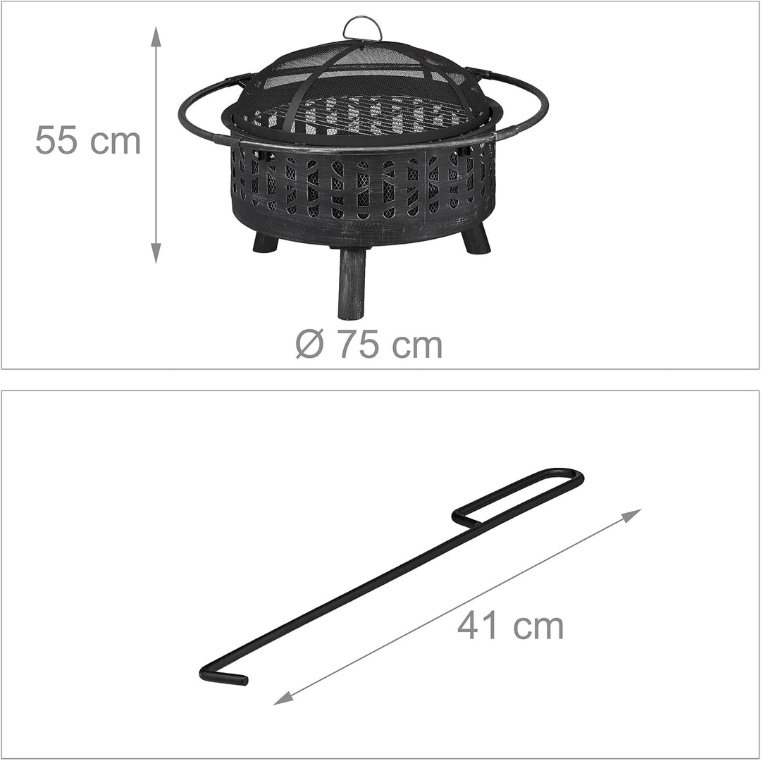 Relaxdays Feuerschale mit Grillrost & Funkenschutz, Schürhaken, Kohlerost, Ø 75 cm, Feuerstelle Gart