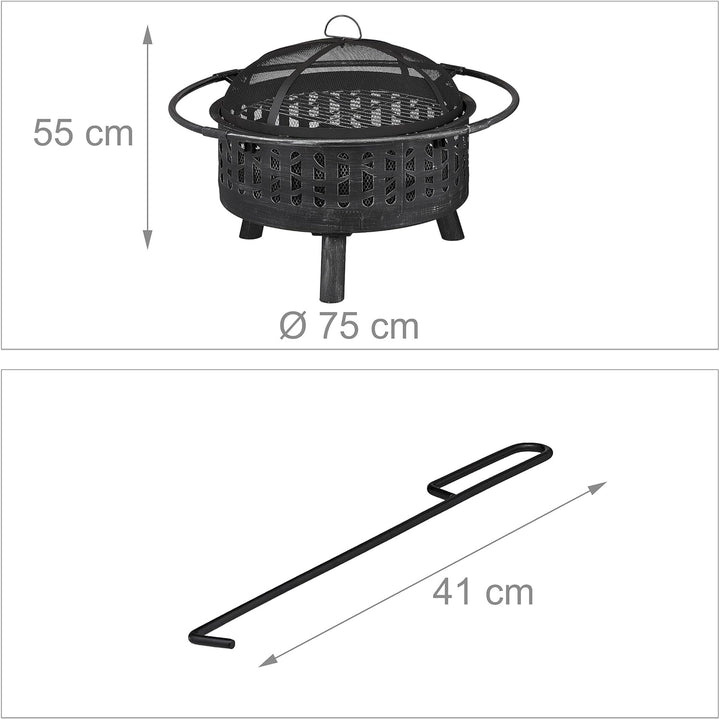 Relaxdays Feuerschale mit Grillrost & Funkenschutz, Schürhaken, Kohlerost, Ø 75 cm, Feuerstelle Gart
