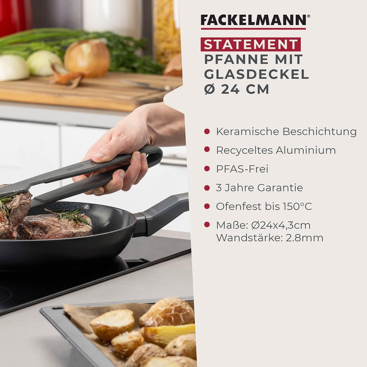 Fackelmann Antihaft-Bratpfanne mit Glasdeckel, Ø 24 cm - Keramik beschichtete Pfanne, Recyceltes Alu