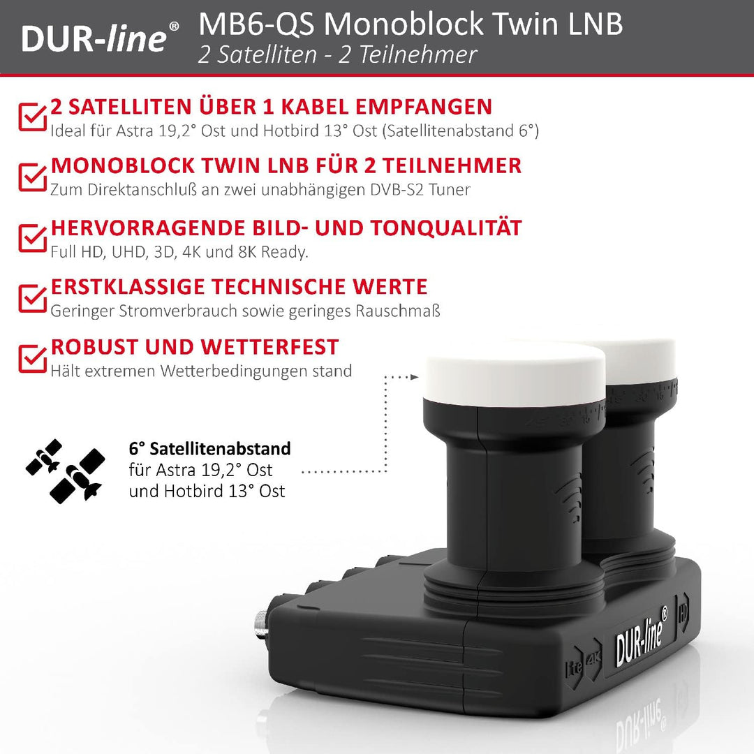 DUR-line 6° Monoblock Twin LNB - Astra 19,2°E + Hotbird 13°E - 2 Teilnehmer & 2 Satelliten (MB6-TW)