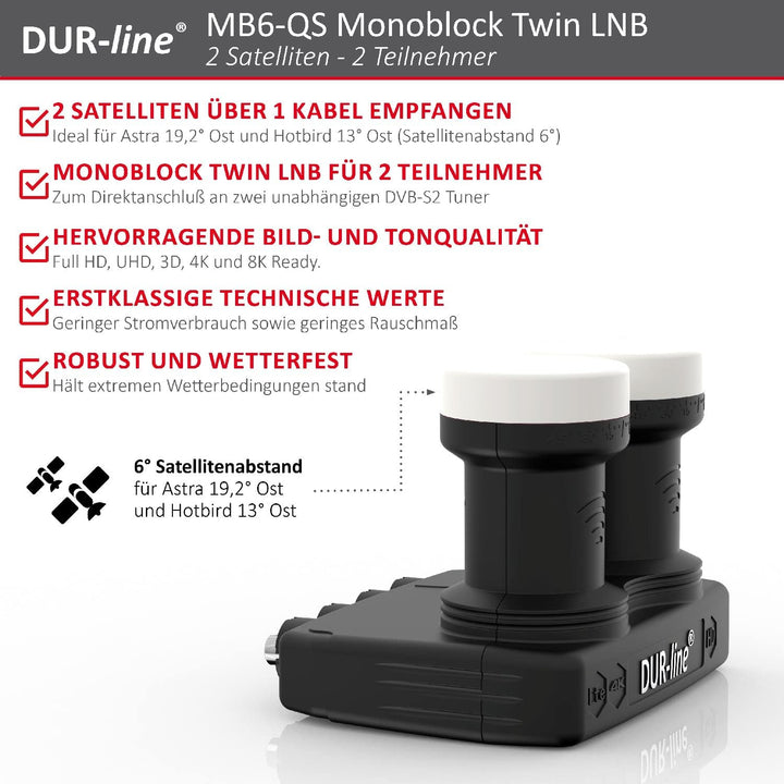 DUR-line 6° Monoblock Twin LNB - Astra 19,2°E + Hotbird 13°E - 2 Teilnehmer & 2 Satelliten (MB6-TW)